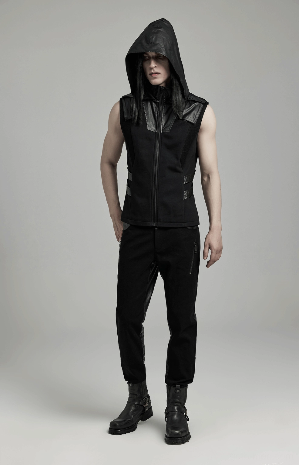 Black gothic sleeveless hoodie with leather shoulder patches and reinforced construction detail