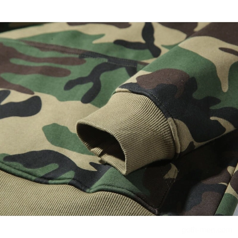 Ribbed knit wrist cuff detail of camouflage fleece hoodie in army green with tan trim