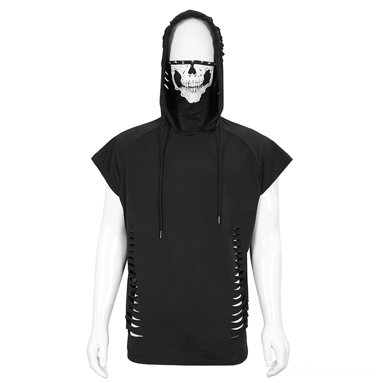 Skull-printed turtleneck gothic hoodie with strategic ripped slits, mannequin front display