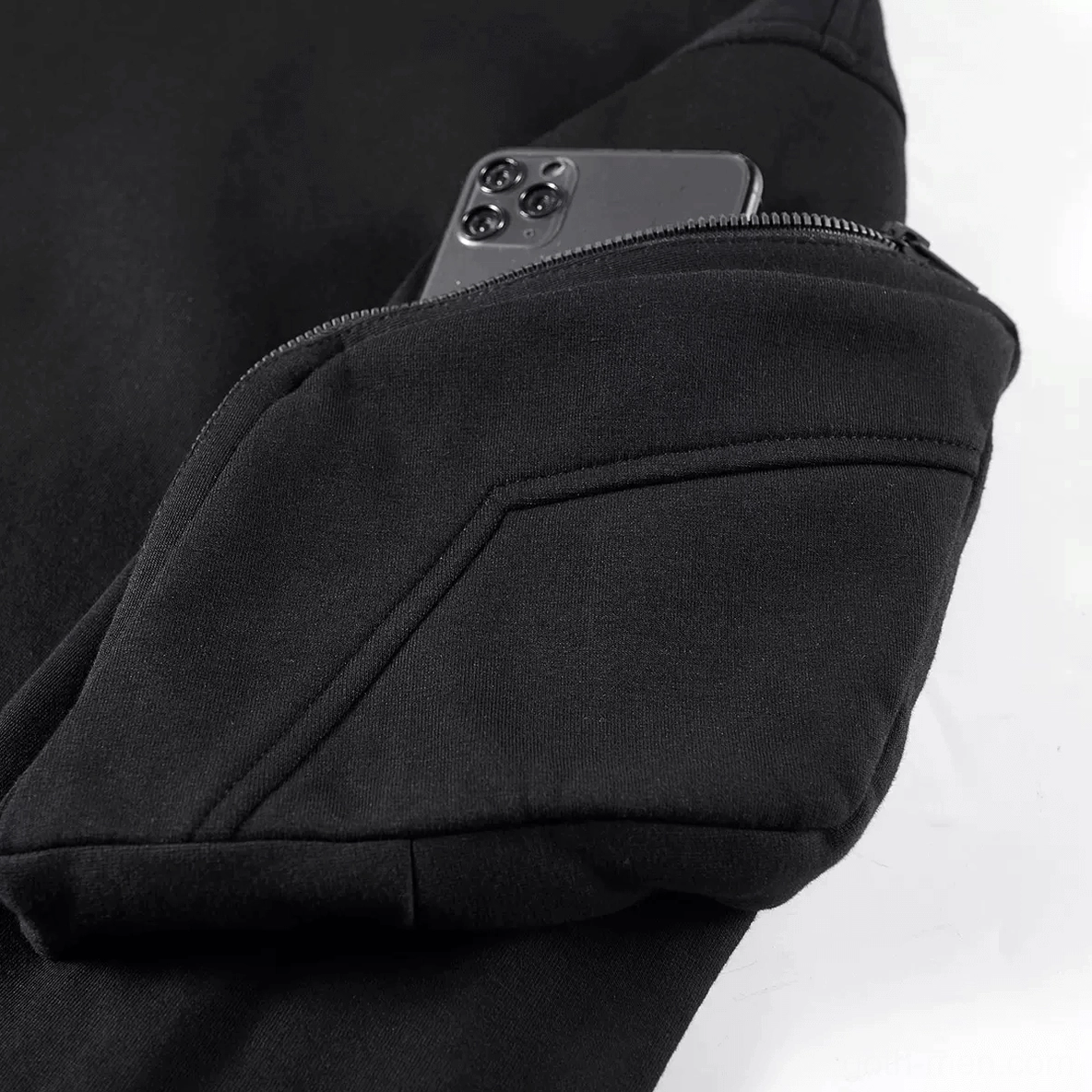 Hidden zipper pocket detail on sleeve of gothic hoodie utility design