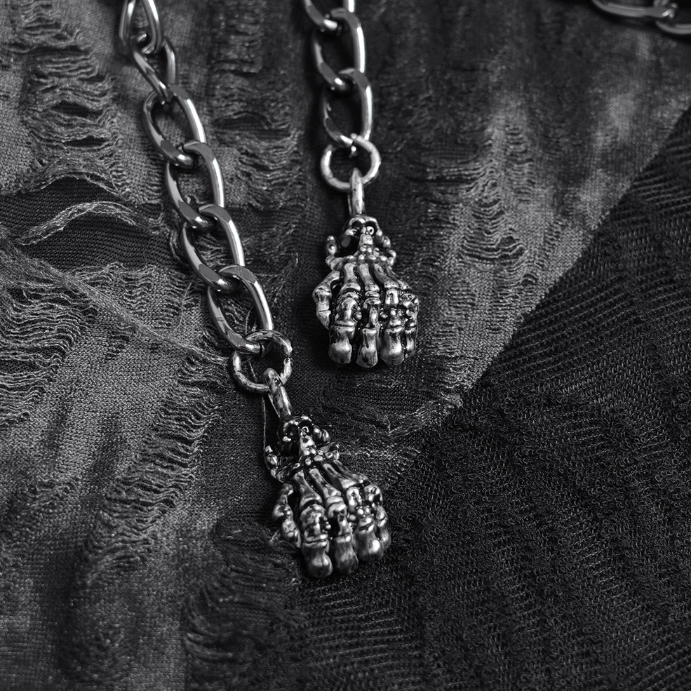 Black gothic hooded mesh top featuring industrial chain details and distressed texture