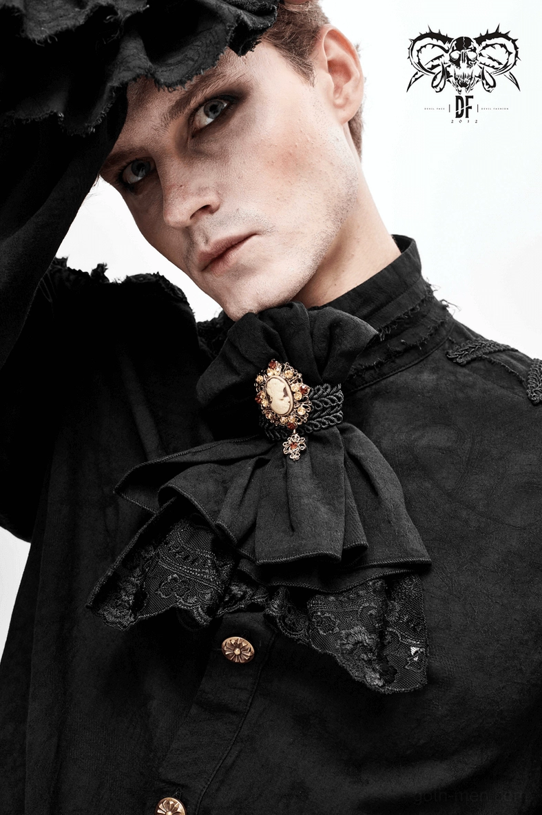 Alternative styling of black gothic lace jabot with Victorian-inspired outfit and theatrical presentation