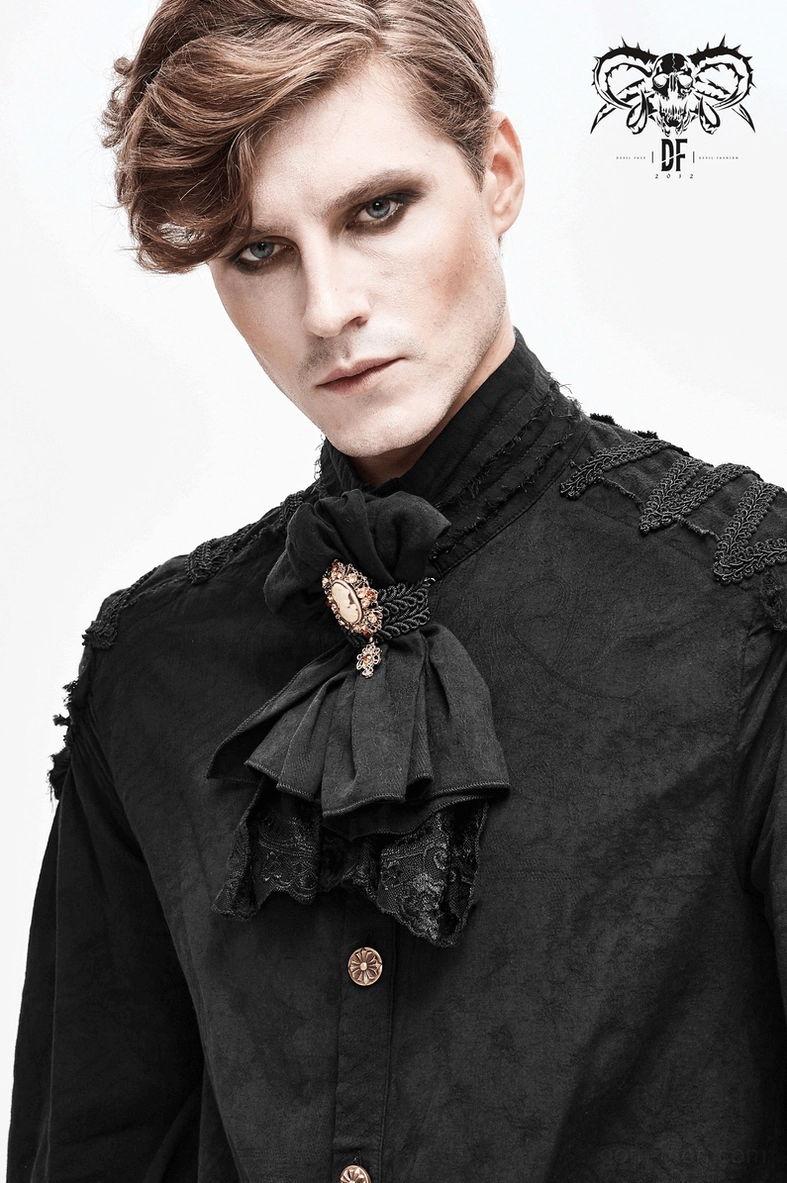Gothic jabot necktie back view showing clip attachment and overall construction of lace and ruffle layers