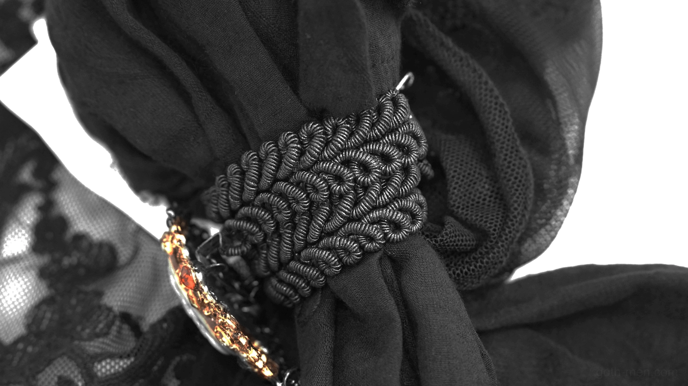 Black braided fabric band assembly of gothic jabot with dangling crystal charm and metal accents