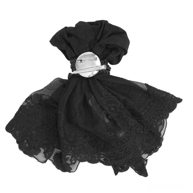 Side view of gothic jabot neckwear showing clip-on brooch fastener and layered ruffle construction on white background