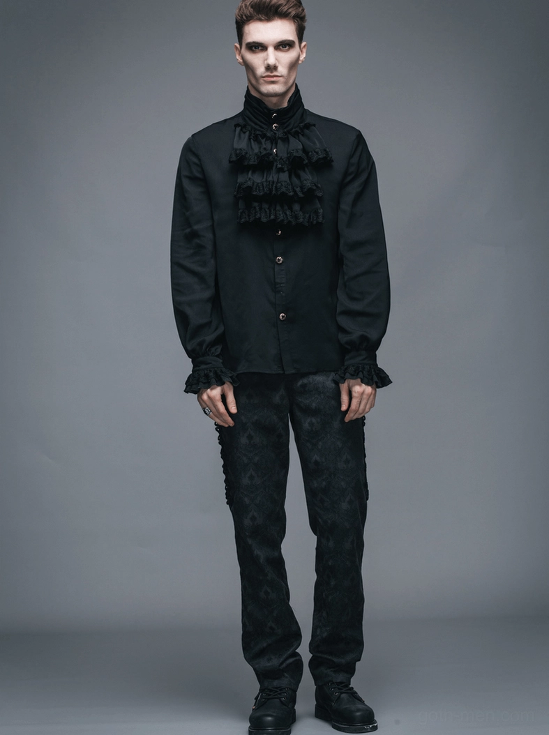 Detailed view of Gothic ruffled jabot tie shirt showcasing decorative collar ruffles and buttoned long sleeves construction