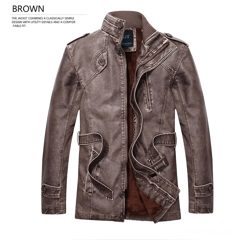 Brown PU leather gothic jacket with fleece inner lining detail