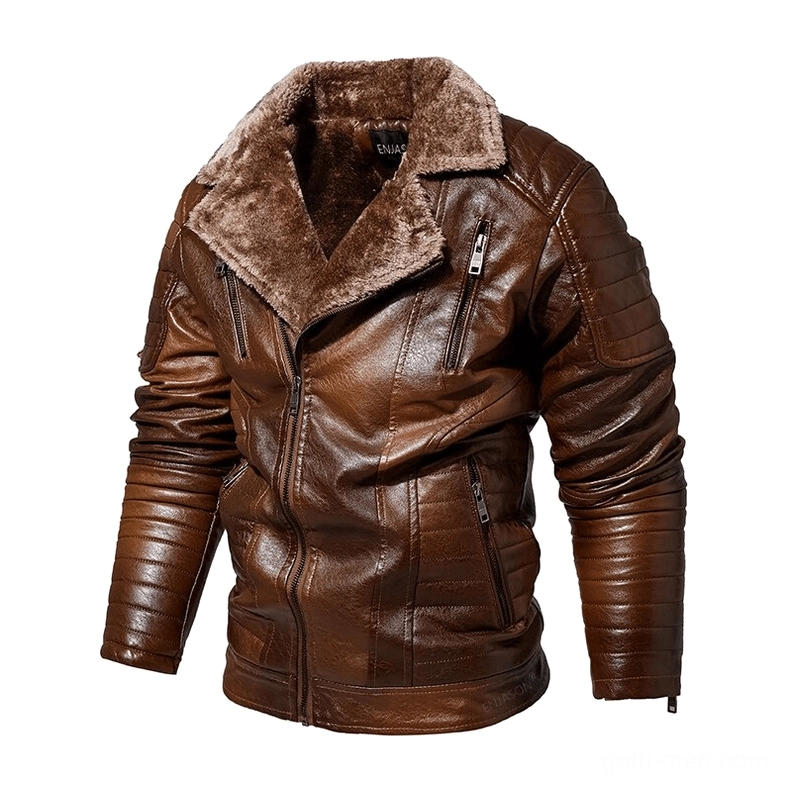 Vintage brown gothic biker jacket with fur lapel collar and stitched quilted sleeves three-quarter front view