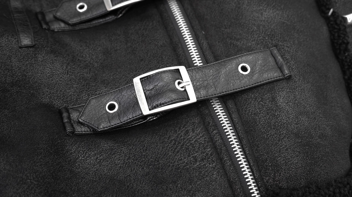 Gothic punk leather jacket showing buckle strap and metal hardware detail on torso