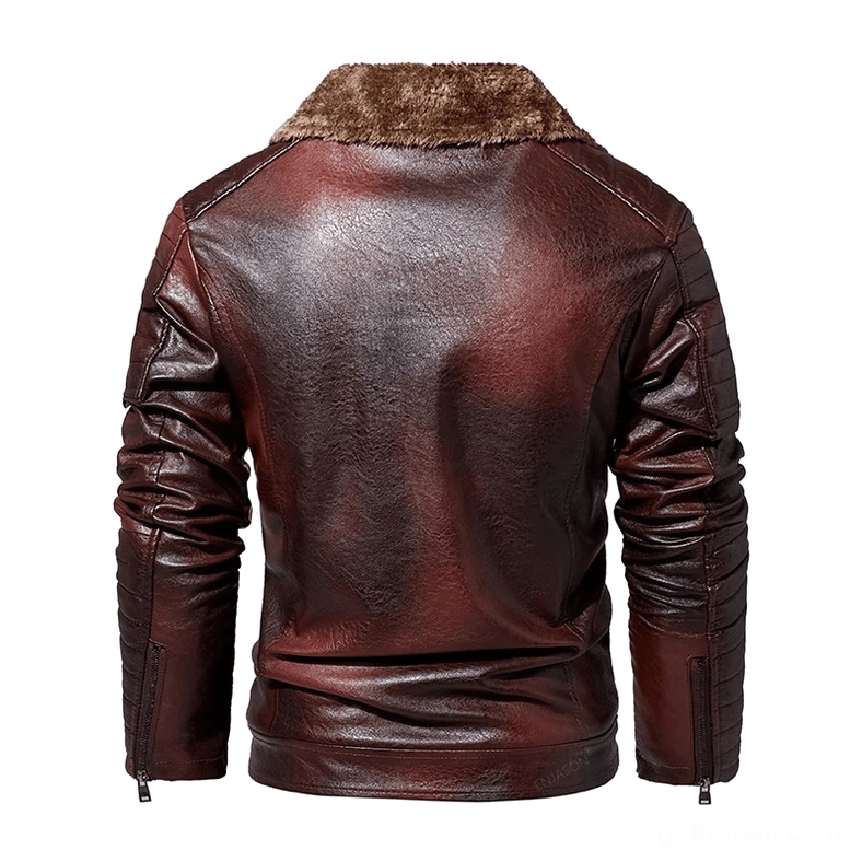 Full rear view of gothic leather jacket in red-brown with fur collar and zippered cuff details