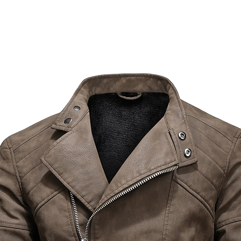 Gothic biker jacket collar close-up quilted shoulders snap trim detail