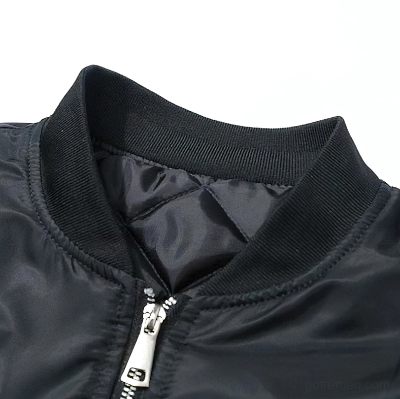 Bomber jacket collar and zipper close-up - ribbed knit stand collar with metal zip fastener and black satin