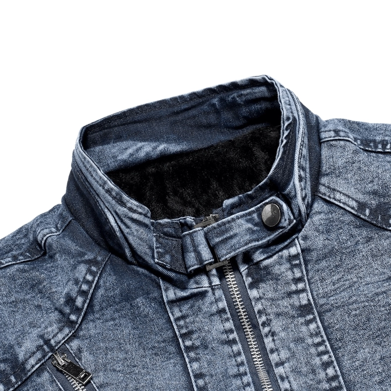 Close-up of stand collar detail with adjustable buckle and plush fleece lining interior texture
