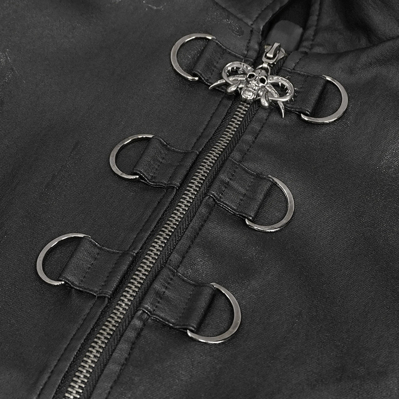 Gothic jacket collar and hardware - skull zipper pull with multiple D-ring fasteners