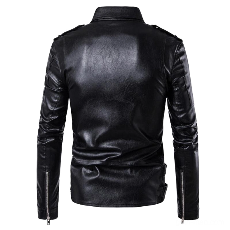 Close-up of gothic jacket collar fastener with metal snap buttons and leather strap hardware