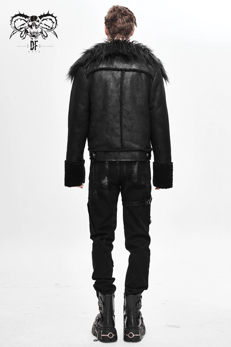 Black gothic leather jacket showing shearling cuff interior lining and overall jacket construction