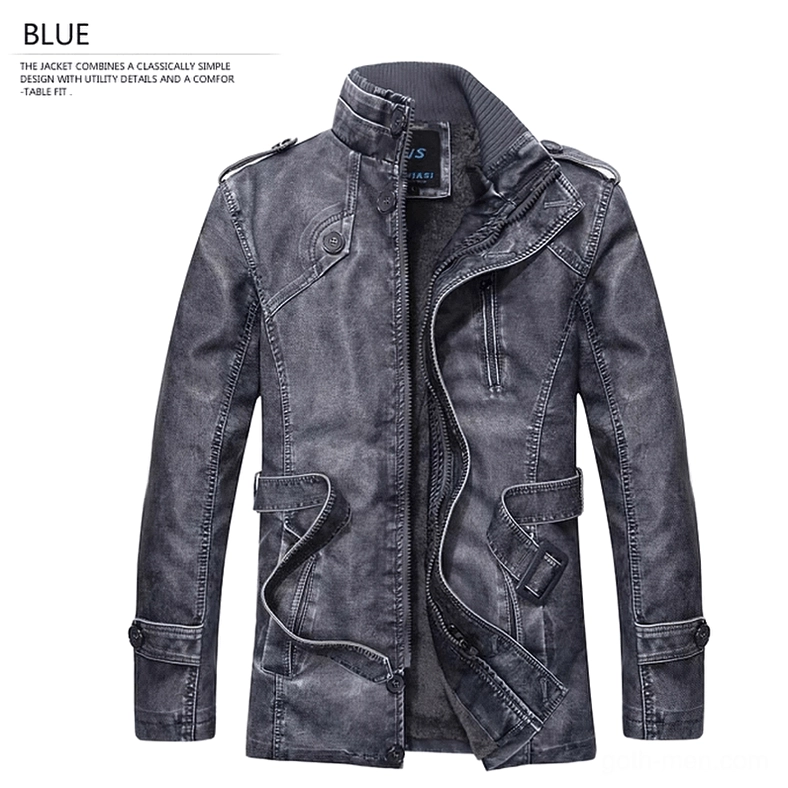 Dark blue washed PU leather gothic jacket front display