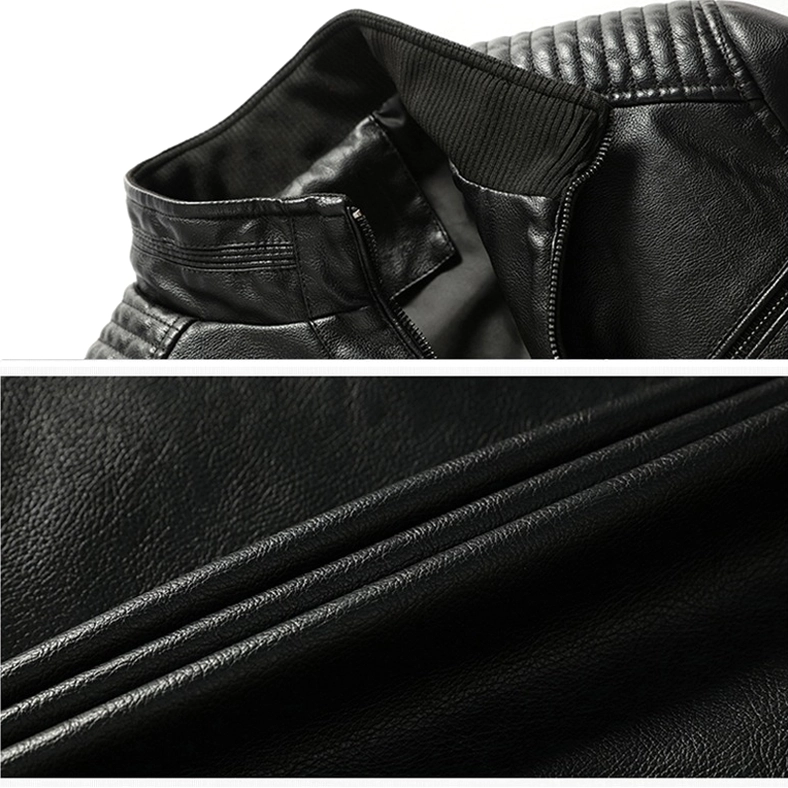 Close-up detail of black PU leather motorcycle jacket collar and zippers, showing ribbed collar trim and metal zipper hardware