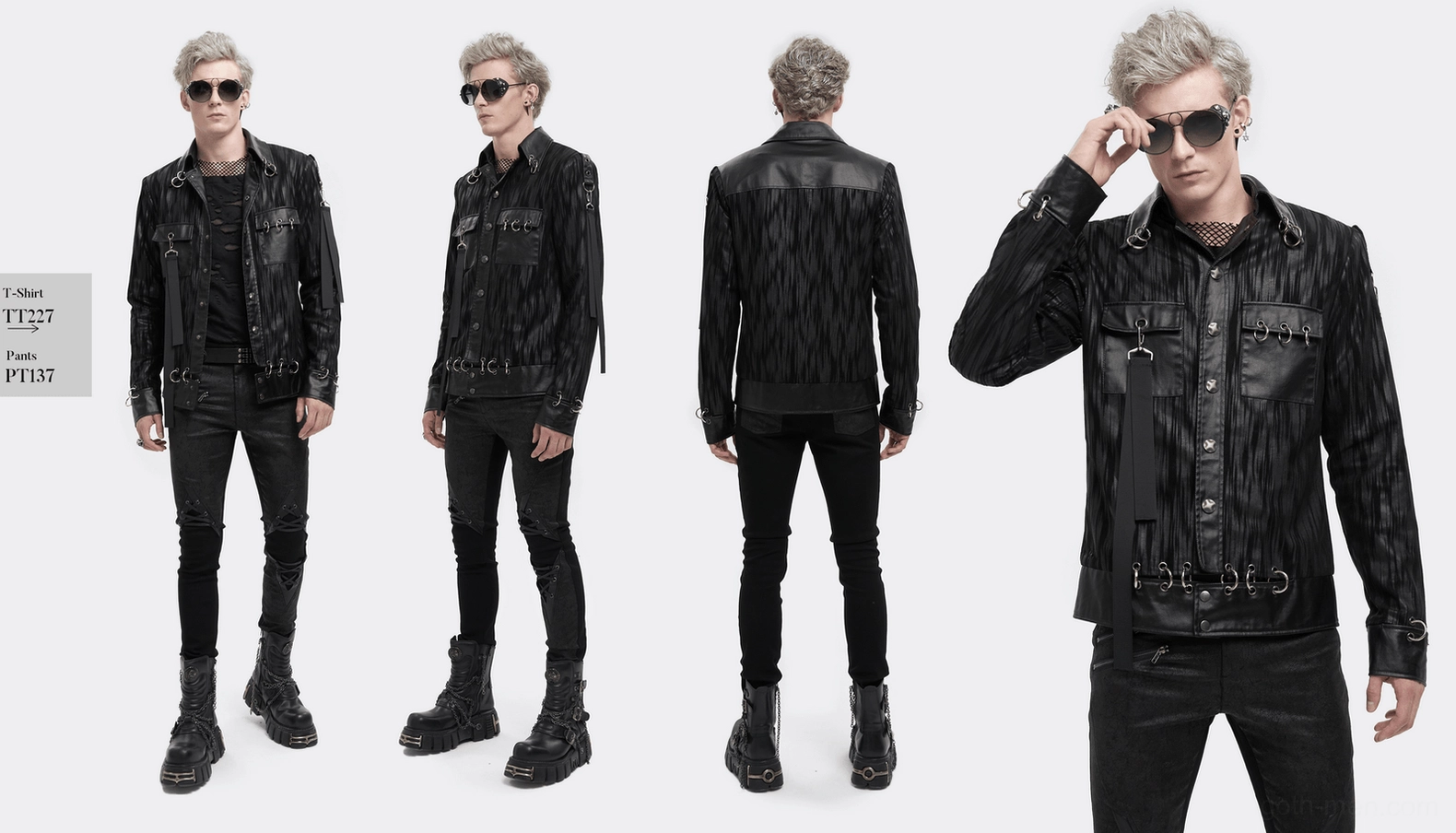 Black crinkled leather gothic short jacket flat lay showing front design and hardware