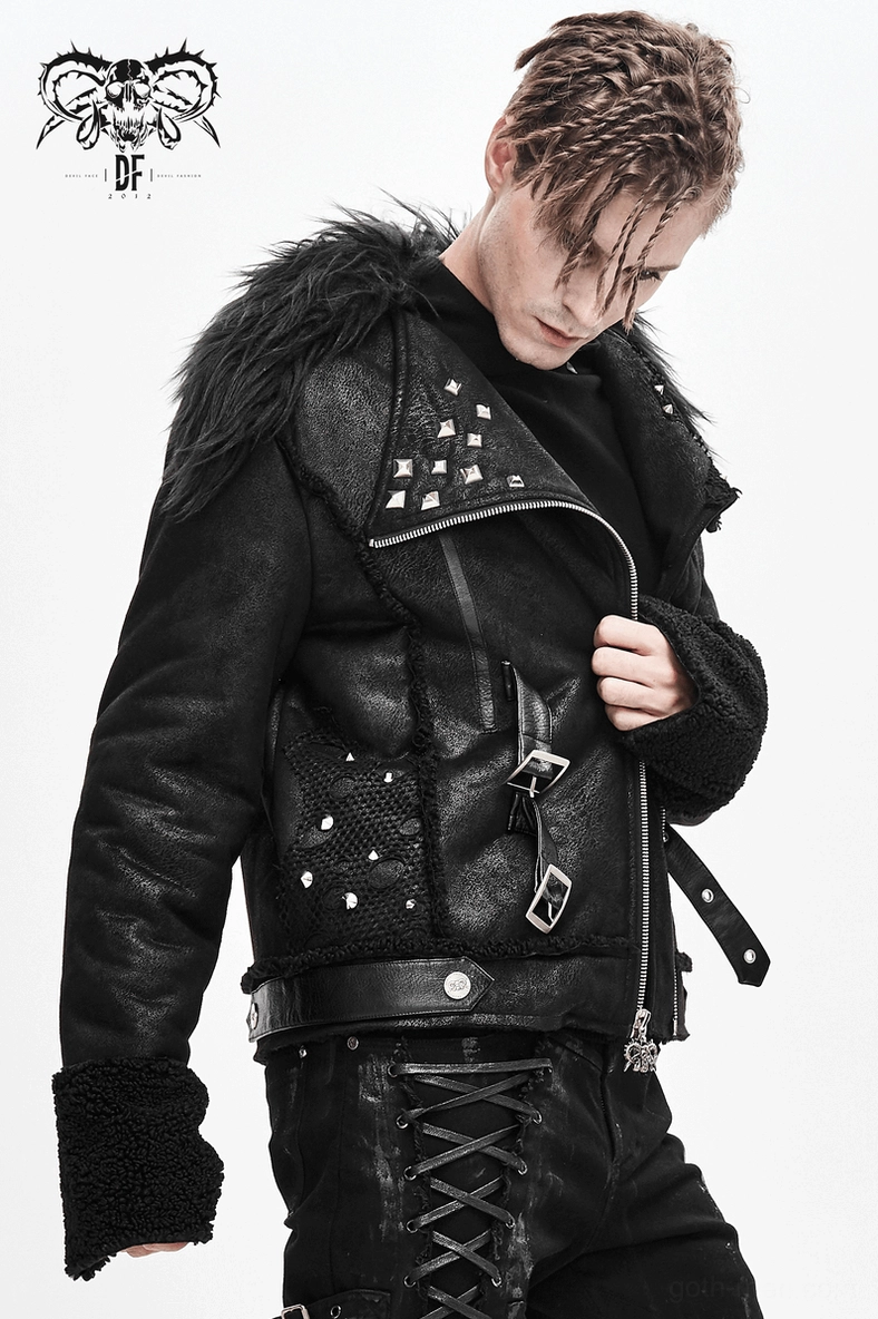 Black gothic punk leather jacket front three-quarter view with all key style features visible