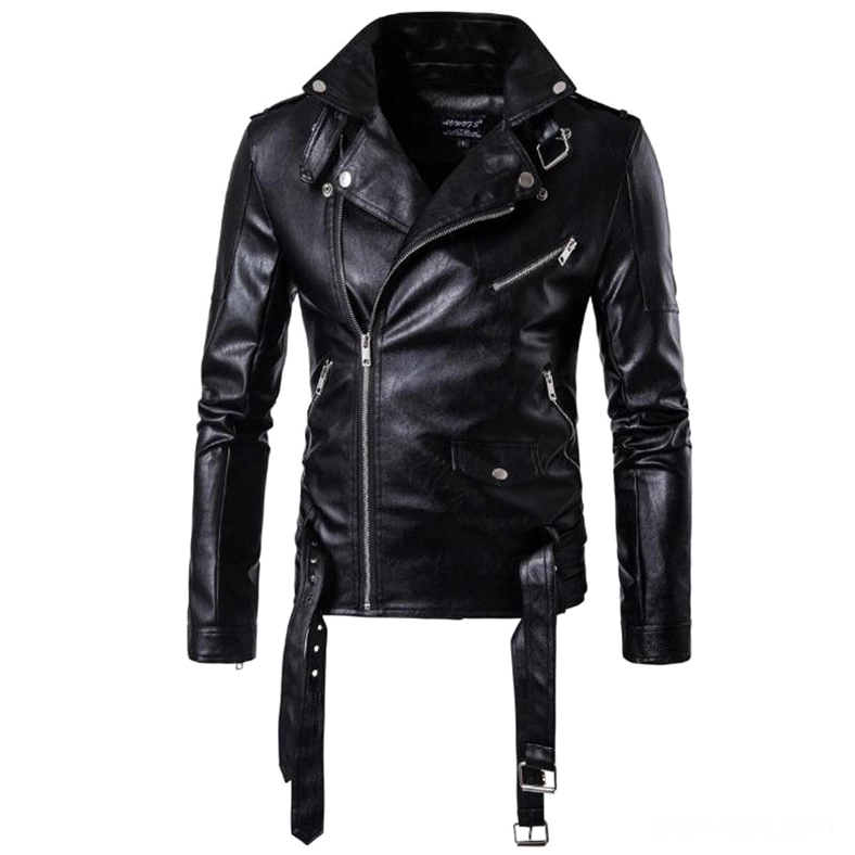 Black faux leather biker jacket front view with hanging waist straps and zippered pockets