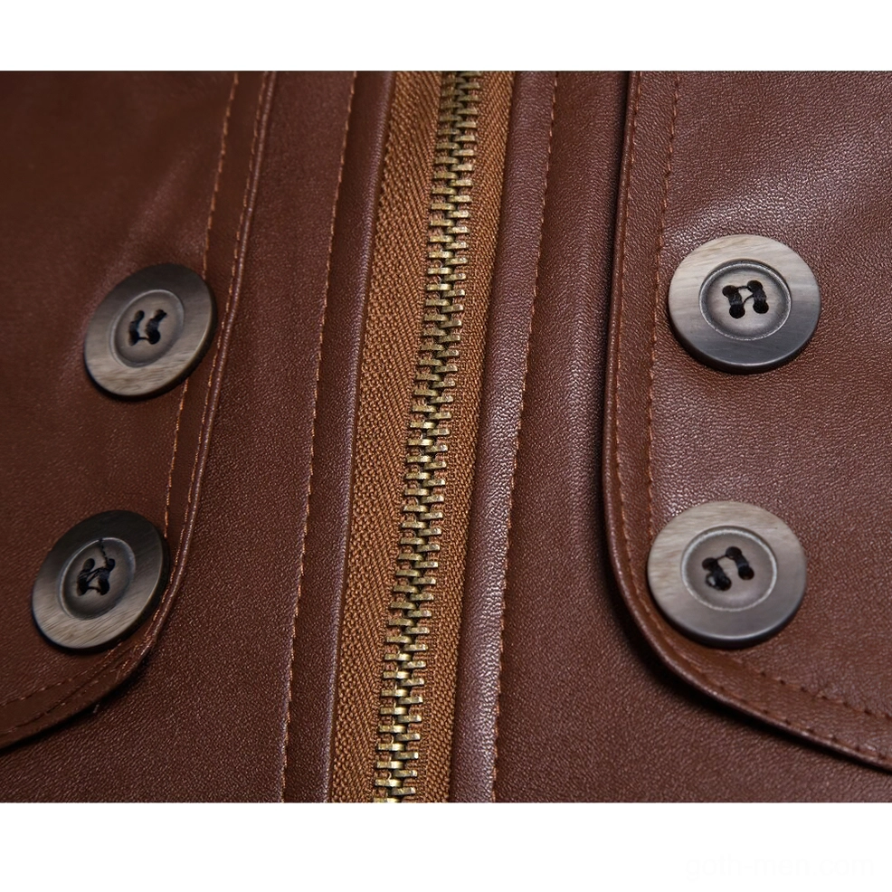 Front zipper and decorative button details on men's gothic PU leather biker jacket