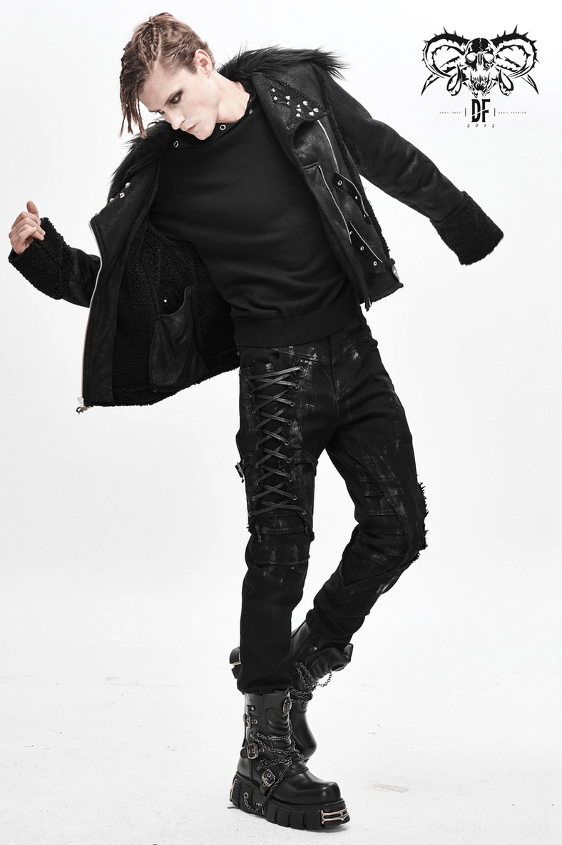 Gothic punk leather jacket detail of front zipper, studs, and shoulder buckle straps