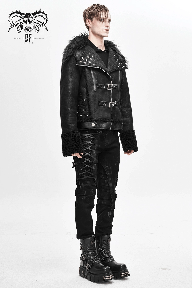 Gothic punk leather jacket with emphasis on faux fur collar luxury and metal stud distribution