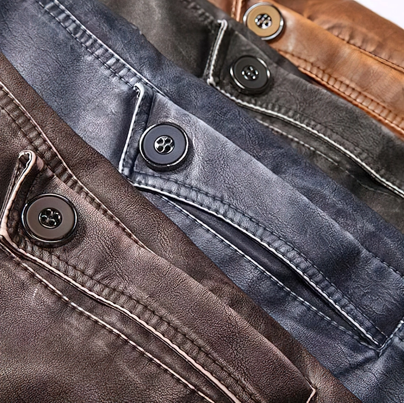 Close-up of gothic jacket hardware details with metal buttons and stitched seams