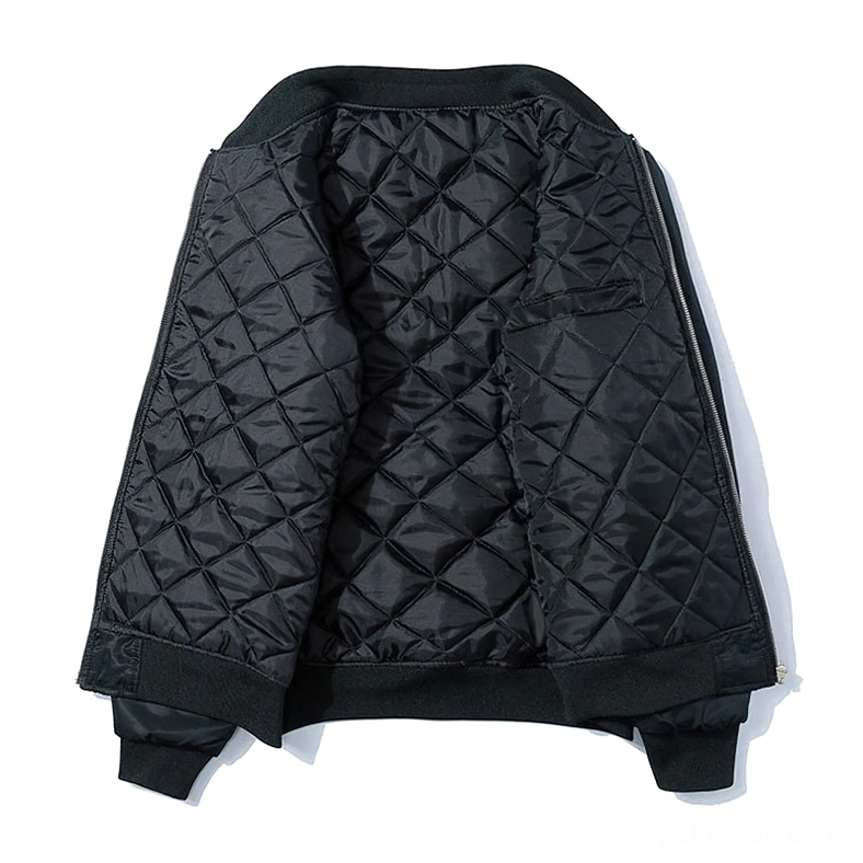 Interior view of quilted bomber jacket - diamond stitched lining and inner utility pocket