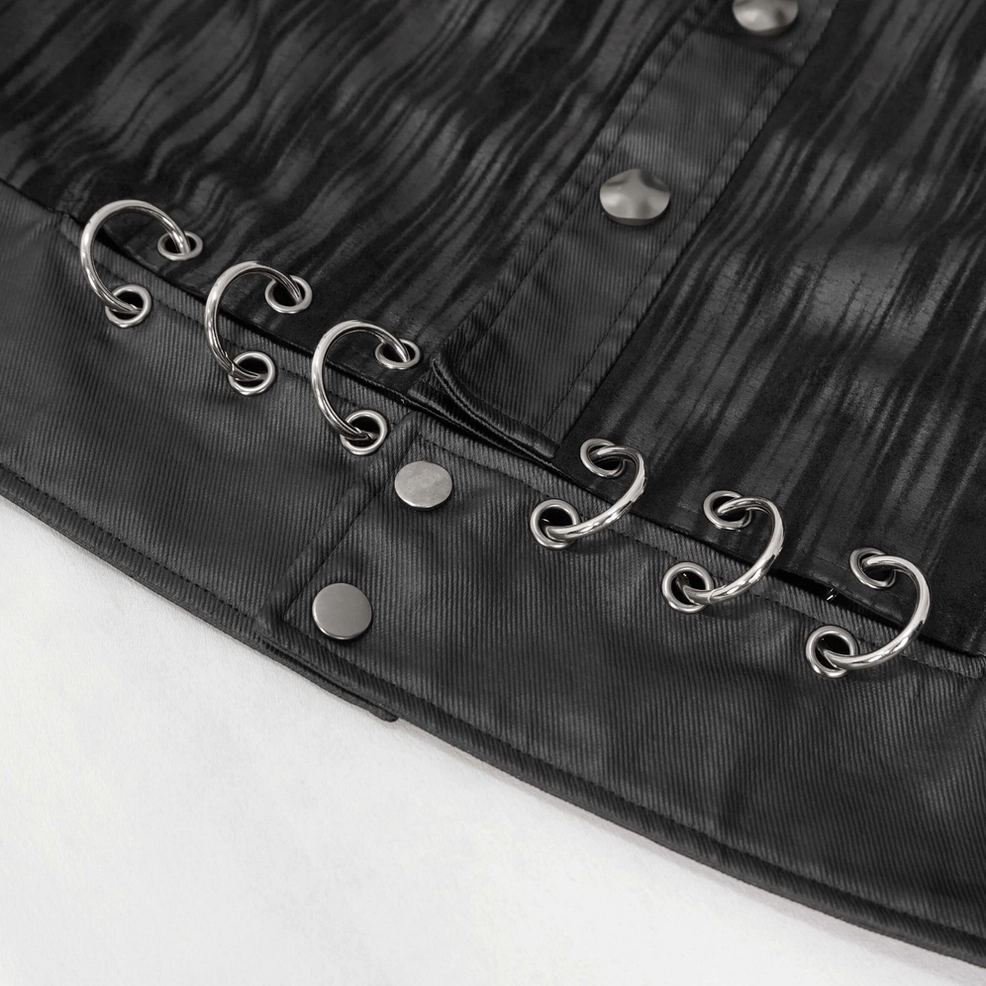 Metal cuff and strap hardware details on black crinkled leather gothic jacket