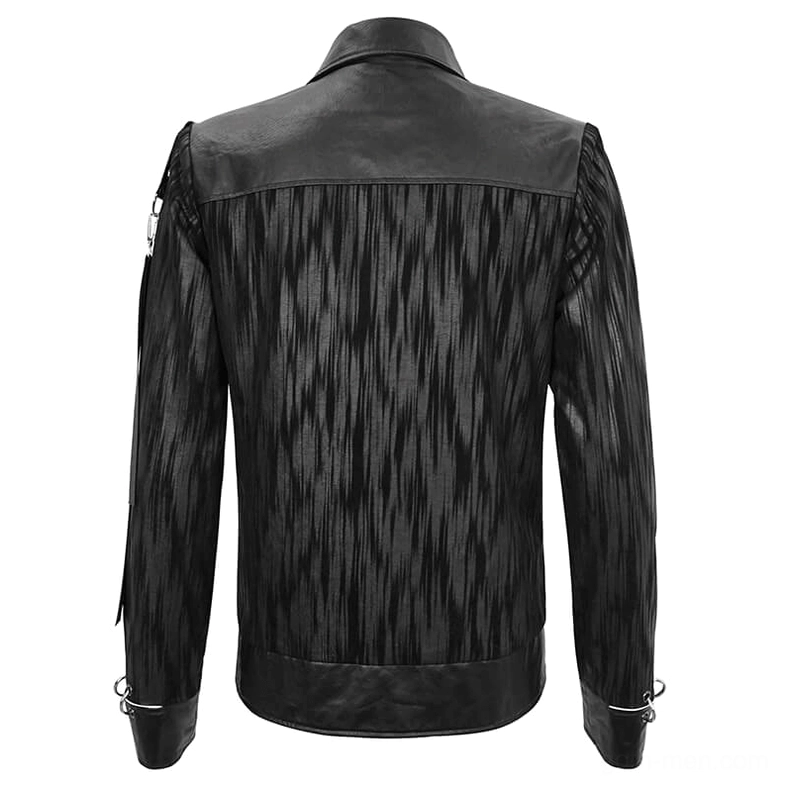 Back flat lay of black crinkled leather jacket with shoulder yoke and metal cuff details