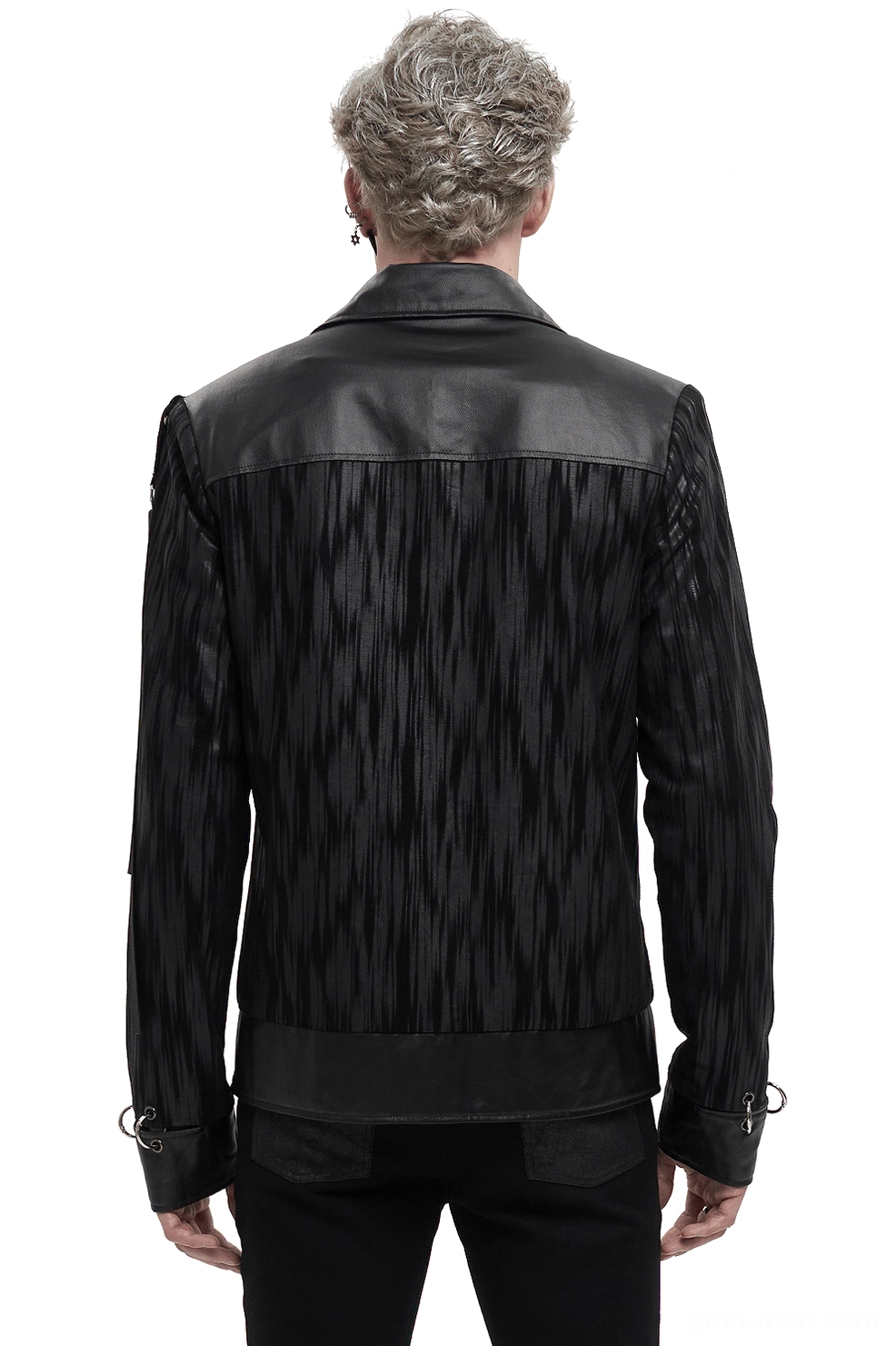 Rear view of black punk jacket with leather yoke panel and metal cuff hardware