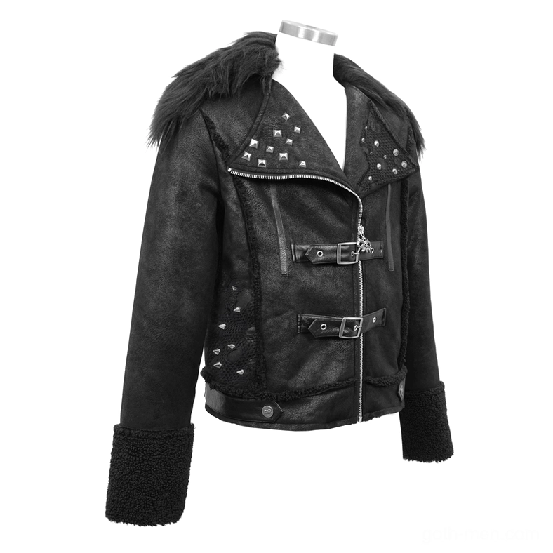 Gothic punk leather jacket right front quarter view with oblique zipper and decorative belt buckles