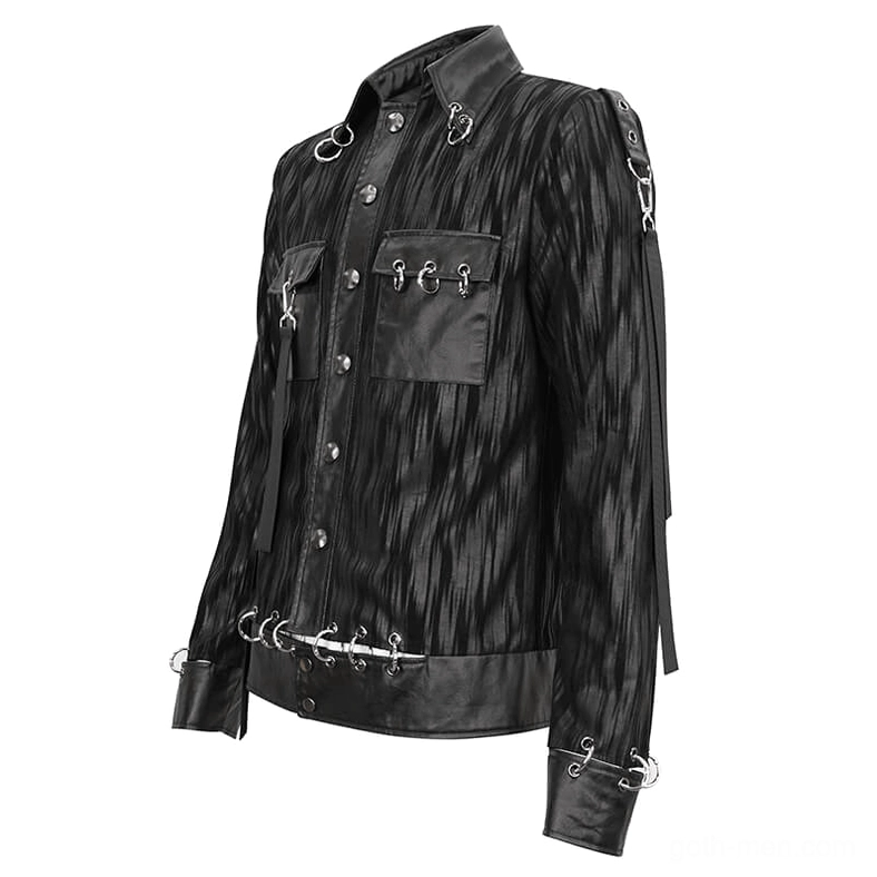 Side flat lay of crinkled black leather punk jacket showing arm straps and metal rings