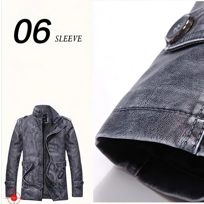 Men's gothic leather jacket sleeve and shoulder seam construction detail