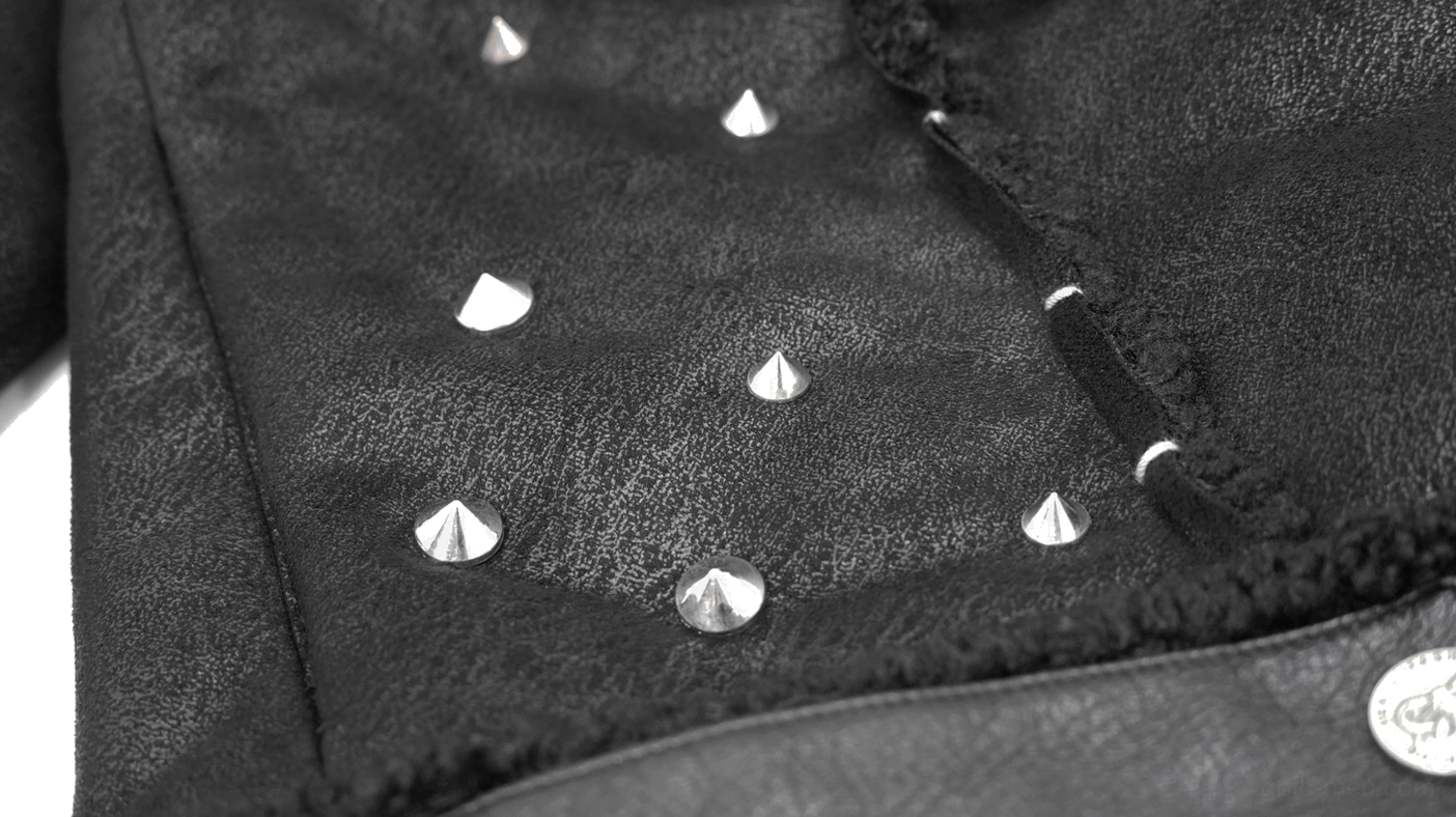 Black gothic jacket close-up of sleeve detail with studs and shearling cuff lining