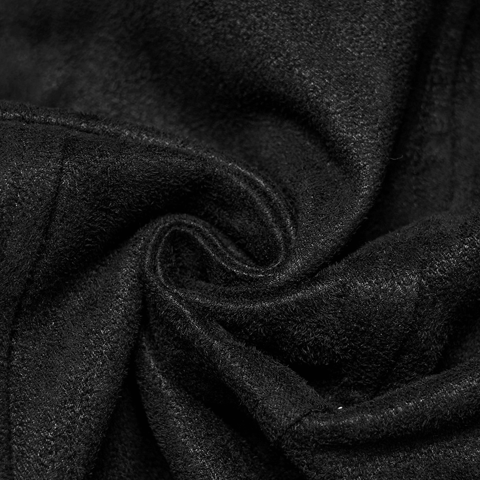 Gothic cyberpunk jacket fabric and eyelet detail - black suede texture with metal grommet close-up