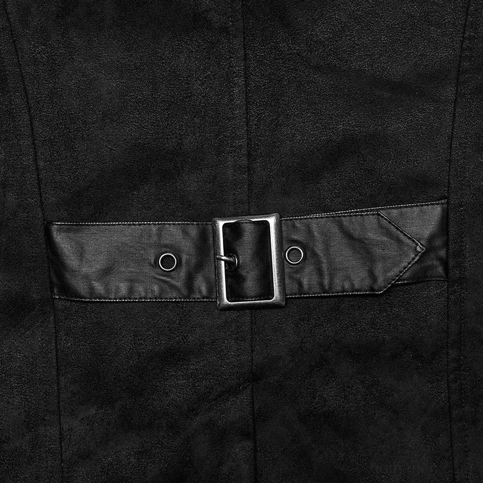 Gothic cyberpunk jacket waist buckle detail - black leather strap and silver square closure mechanism
