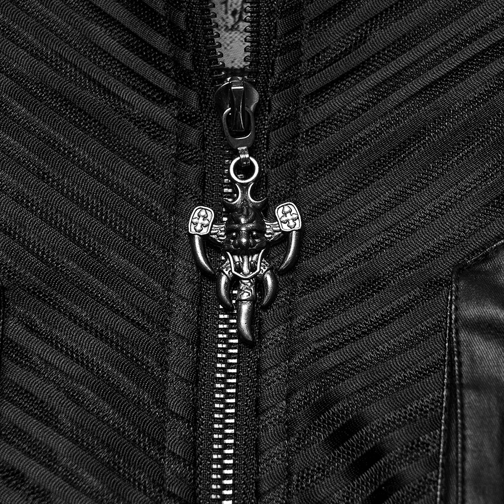 Gothic cyberpunk jacket zipper detail - metal hardware and chevron quilted fabric close-up
