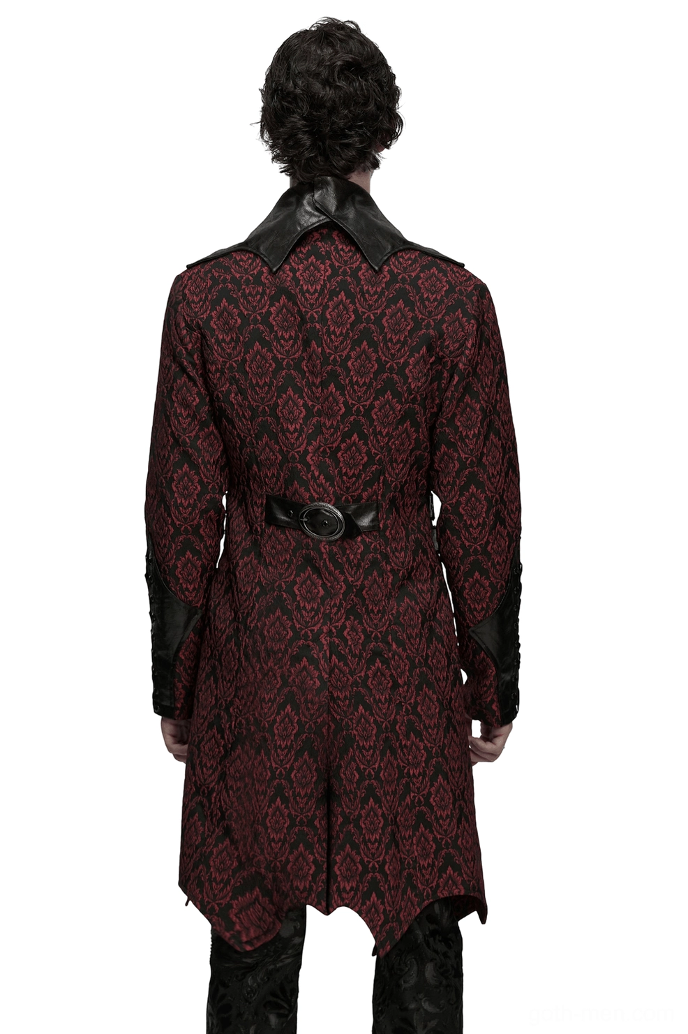 Gothic burgundy jacquard coat back view showing jagged asymmetrical hem and waist belt detail