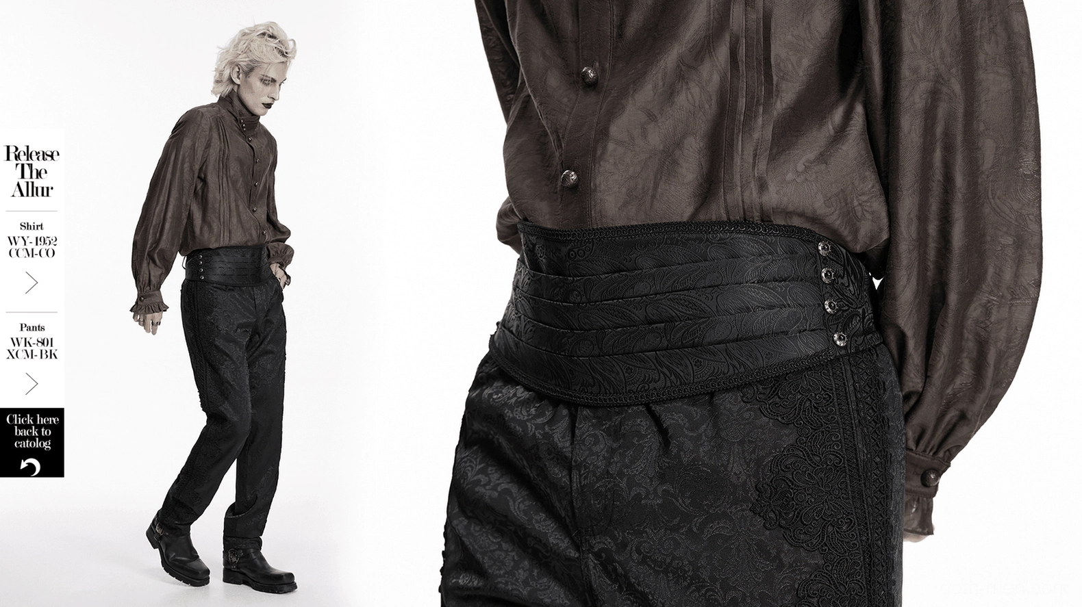 Black jacquard pleated gothic corset belt in neutral studio lighting showcasing rich paisley pattern and authentic victorian-inspired design