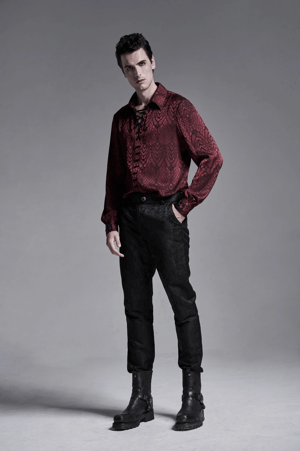Burgundy gothic jacquard lace-up shirt on dress form showing ornate front design and fitted silhouette detail