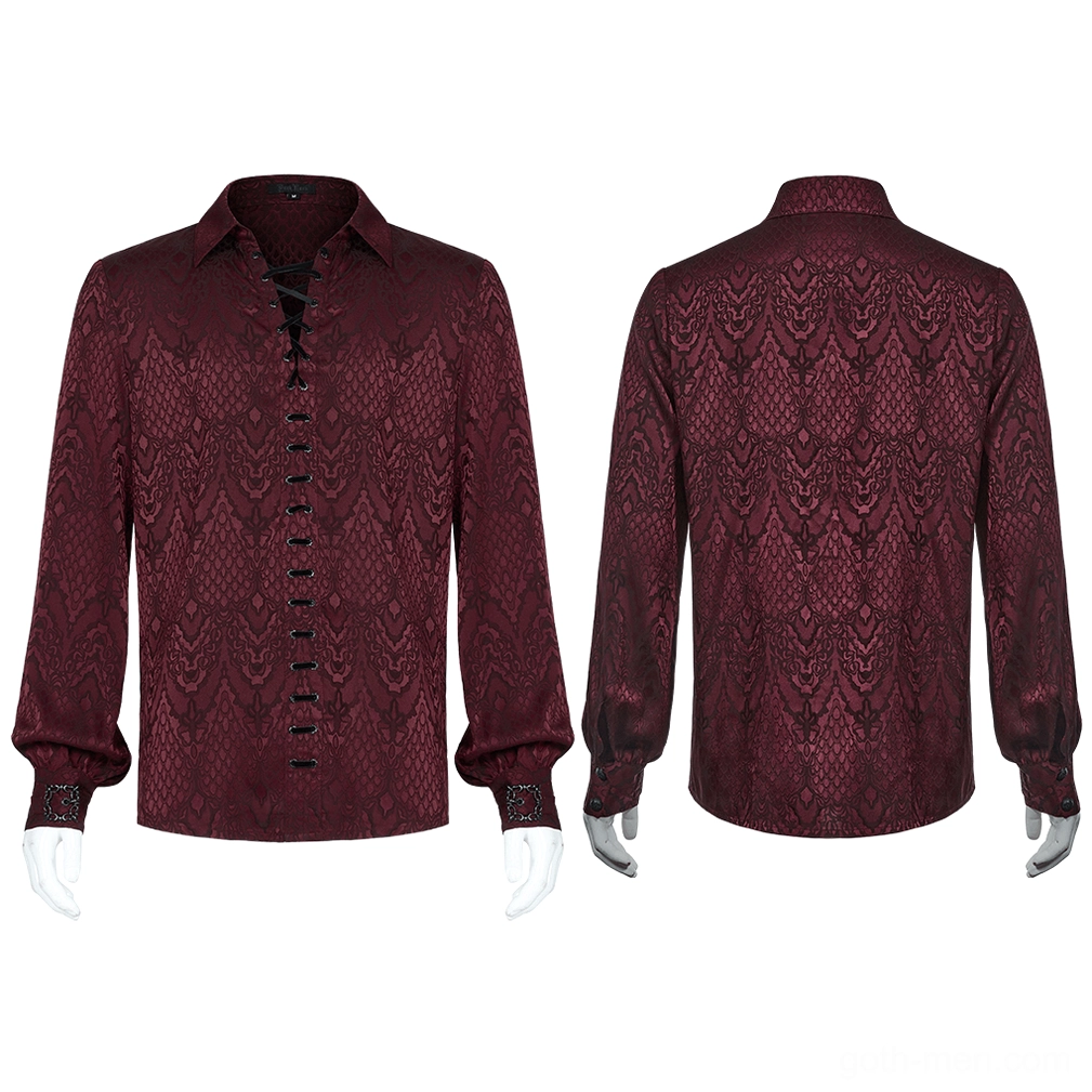 Burgundy gothic jacquard lace-up shirt displayed on dress form front and back showing metal buckle cuffs and lace-up detail