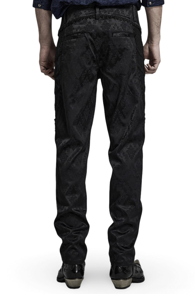Black jacquard lace-trim gothic slim pants back view worn by male model
