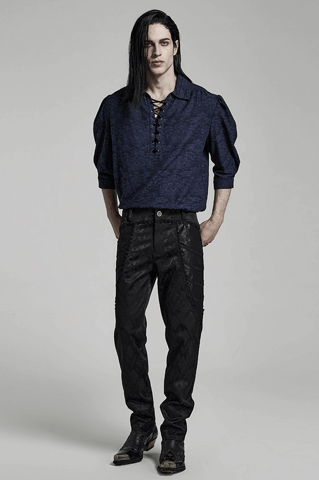 Black jacquard lace-trim gothic slim pants symmetrical damask pattern overlay