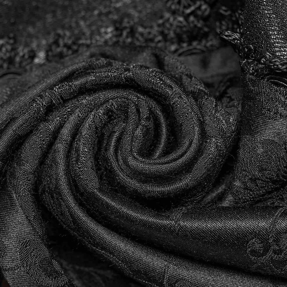 Black jacquard lace-trim gothic slim pants texture close-up shiny jacquard weave