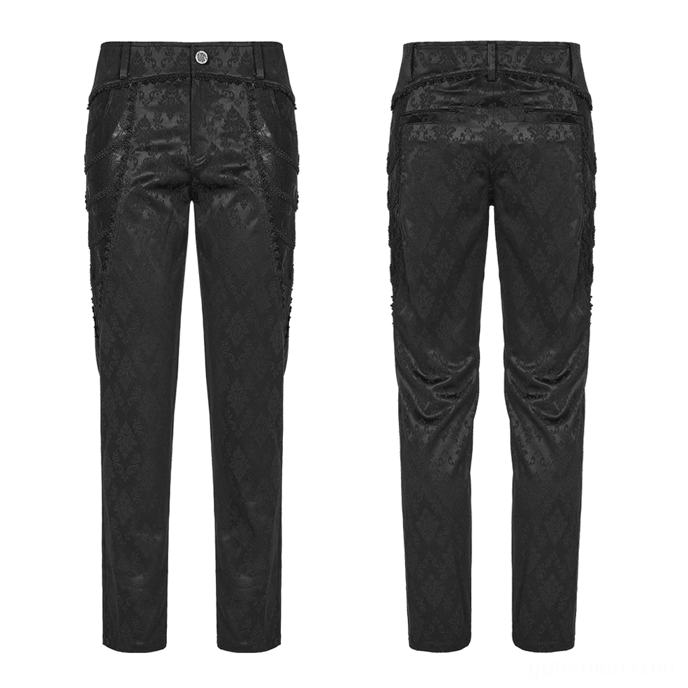 Black jacquard lace-trim gothic slim pants front flat lay with damask weave