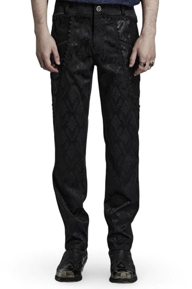 Black jacquard lace-trim gothic slim pants front view worn by male model