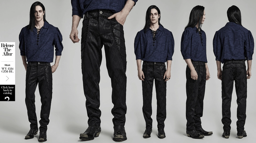 Black jacquard lace-trim gothic slim pants men's alternative wear studio view